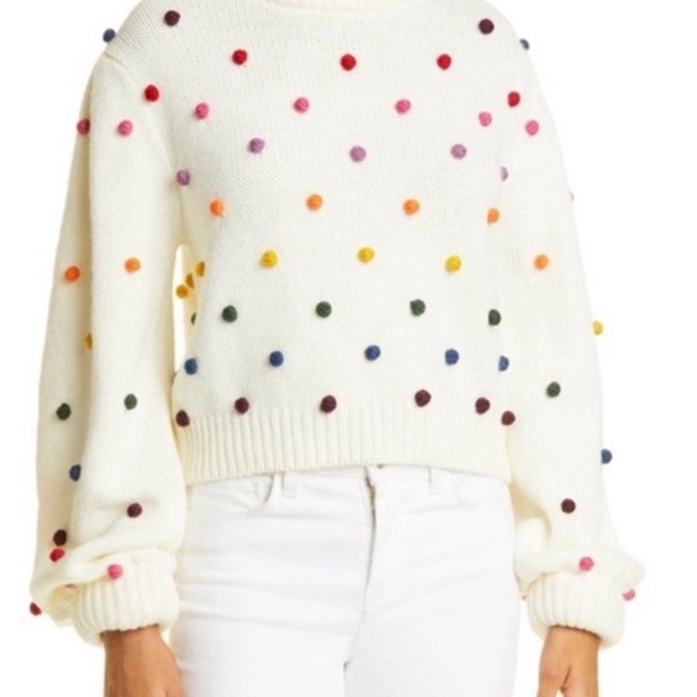 FARM Rio Cream Crewneck Sweater with Multicolor Pom-Poms